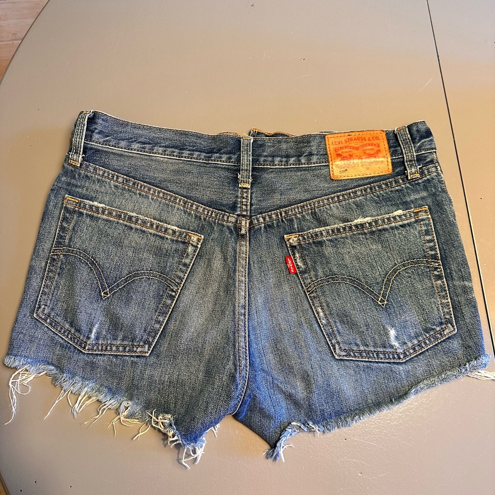 Levi’s 501 Dark Wash Patchwork Distressed Cutoff … - image 2